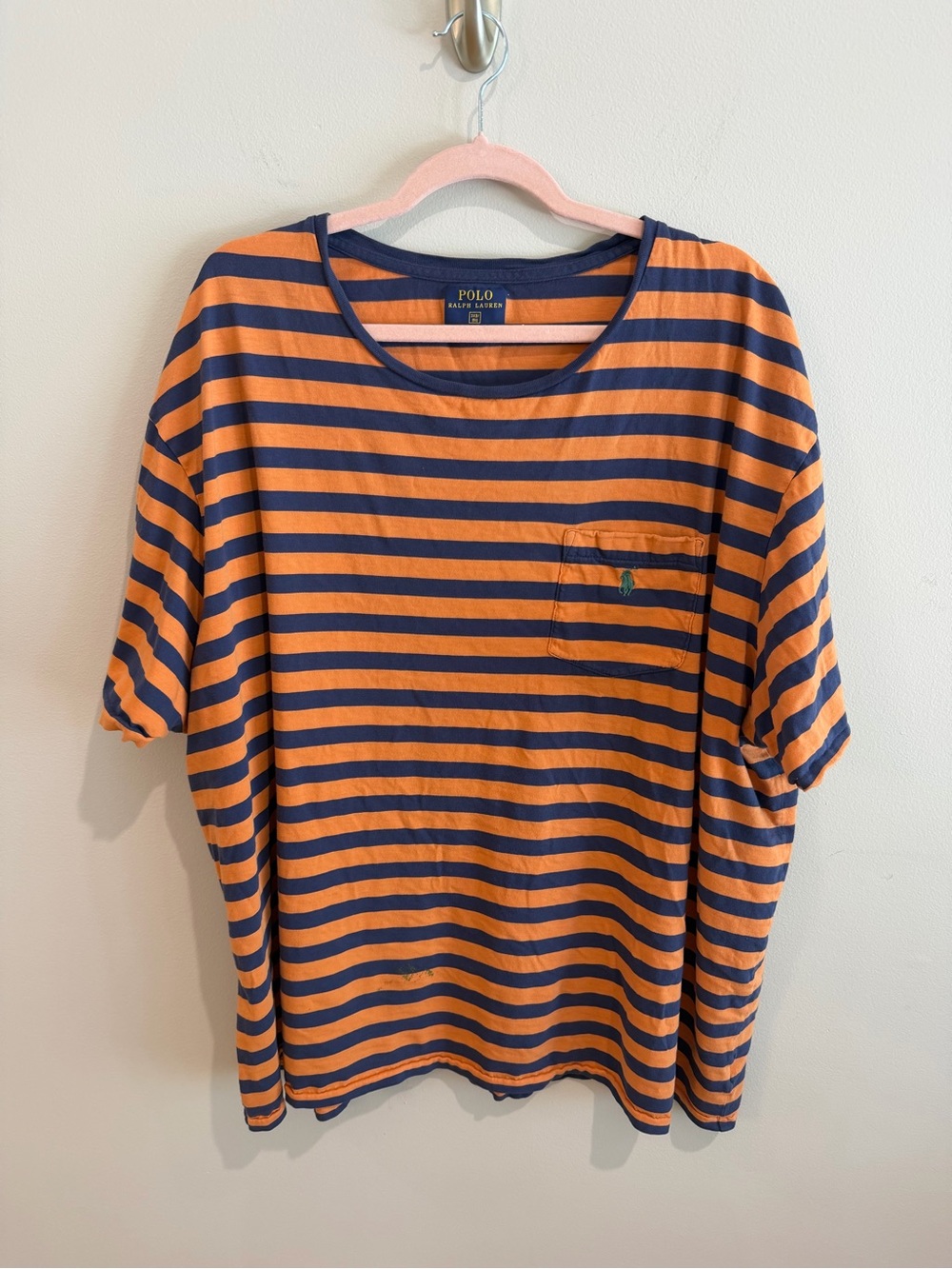Polo by Ralph Lauren Orange and Navy Striped Pocket Tee